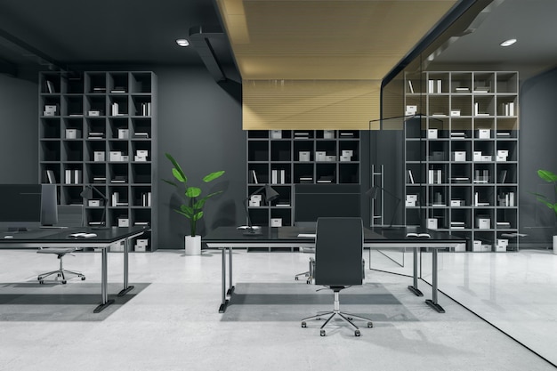 Front view on comfortable workspace with modern computers on black tables in stylish dark interior design office with green plant on light concrete floor and office cabinet on background 3D rendering