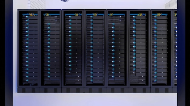 Передний вид компьютерных стойки в серверной комнате - защита данных, рендеринг, мощность компьютера, сеть
