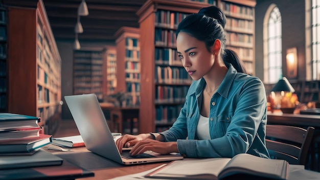 Фронтовый вид сосредоточенной женщины, работающей с ноутбуком в библиотеке
