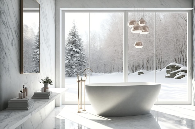 Front view of a contemporary luxurious bathroom with white marble walls a bathtub and a concrete floor Stunning room with contemporary furnishings and a window