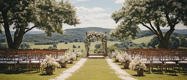 Front view of a countryside outdoor wedding ceremony surrounded by green fields with white chairs fresh floral arrangements and a spacious area for the newlyweds