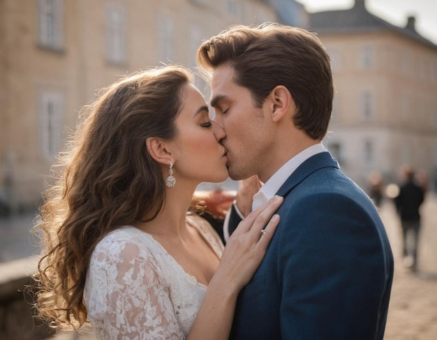 Front view of couple kissing at street san valentin concept