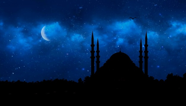 Front view of crescent shaped moon and mosque in front of night\
cloudy and starry sky. ramadan, the holy month of muslims.\
silhouette mosque