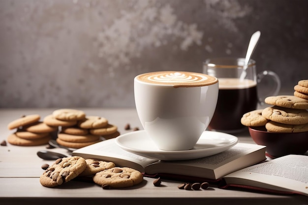 Front view cup of cappuccino with cookies and a book on the table