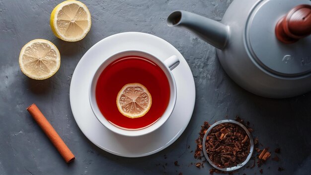 Front view cup of tea with lemon cinnamon and kettle on grey desk