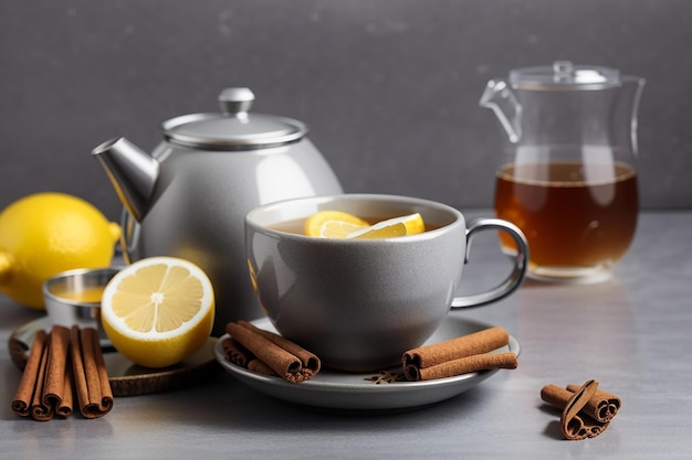 Front view cup of tea with lemon cinnamon and kettle on grey desk