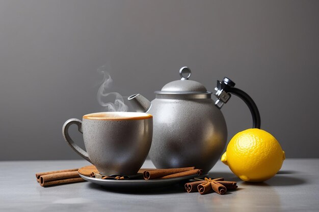 Front view cup of tea with lemon cinnamon and kettle on grey desk