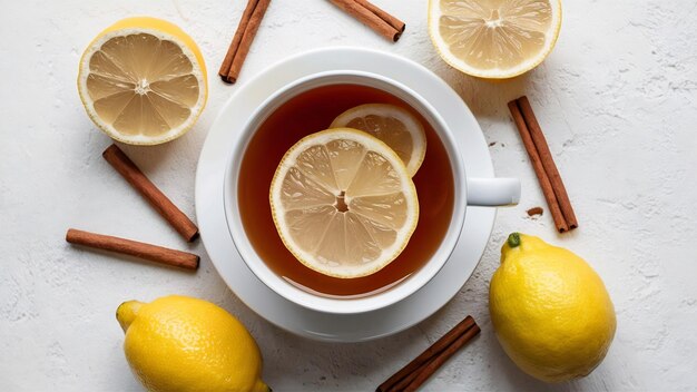 Front view cup of tea with lemons and cinnamon on light white surface