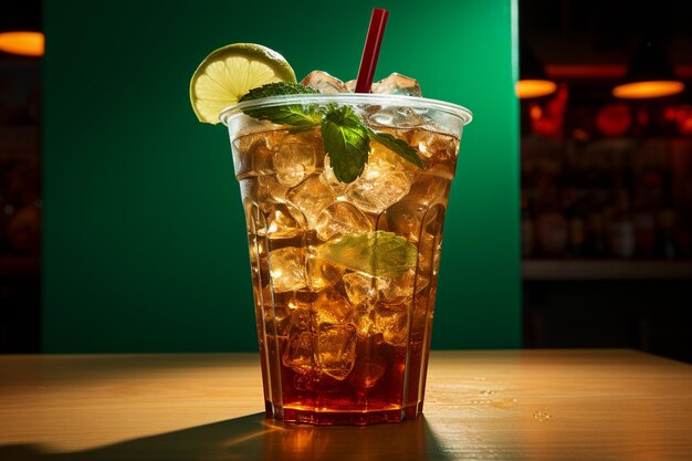 Front view of cup with soft drink and lime