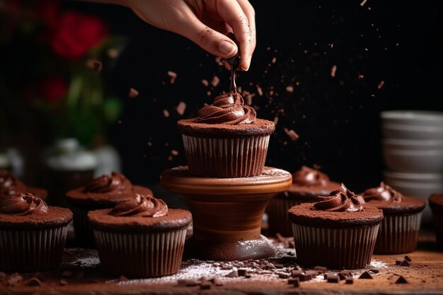 Front view of cupcakes with person sieving cocoa powder on top