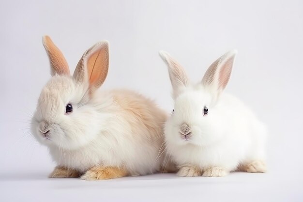 白い背景の上のかわいい赤ちゃんウサギの正面図 白い背景に素敵なアクションで座っている小さなかわいいウサギ ジェネレーティブ Ai