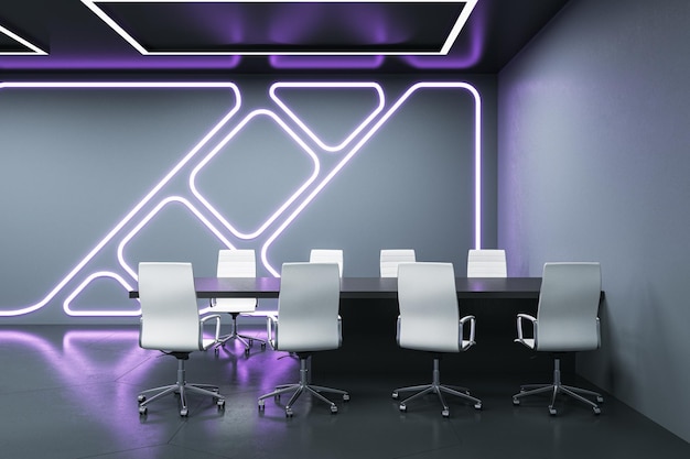 Front view of dark modern futuristic conference room with neon backlit 3D Rendering