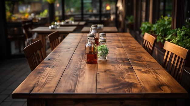 製品プレスメント用の木製のテーブルのモックアップ用の暗い田舎風の茶色の空の木製テーブルのフロントビュー