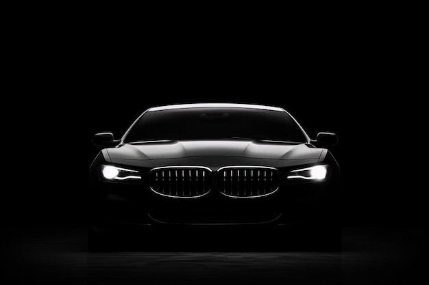 Front view dark silhouette of a modern luxury black car isolated on black background