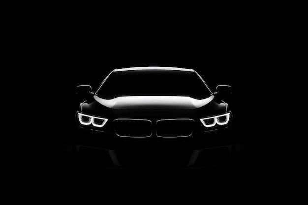 Photo front view dark silhouette of a modern luxury black car isolated on black background