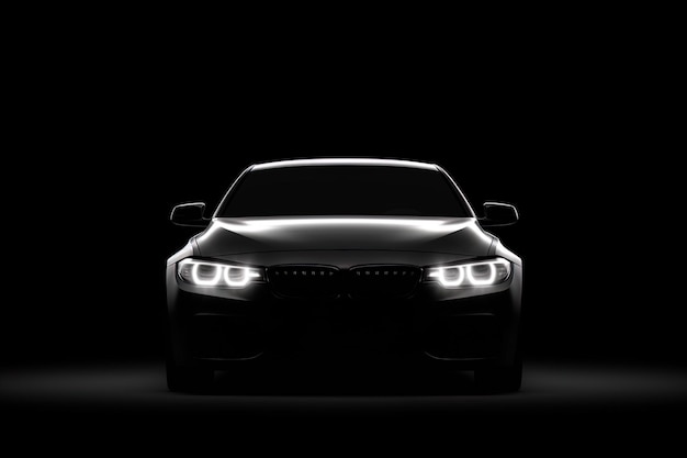 Front view dark silhouette of a modern luxury black car isolated on black background