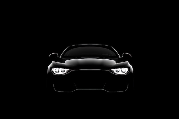 Photo front view dark silhouette of a modern luxury black car isolated on black background