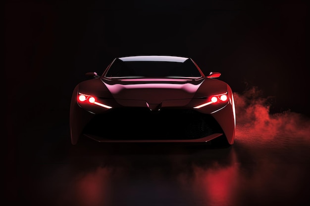 赤いネオンの光で暗い背景に分離された現代のスポーツ赤い車の正面図の暗いシルエット