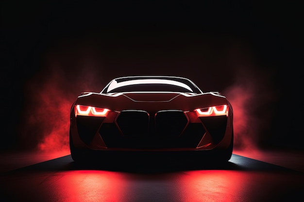 Front view dark silhouette of a modern sport red car isolated on dark background with red neon light