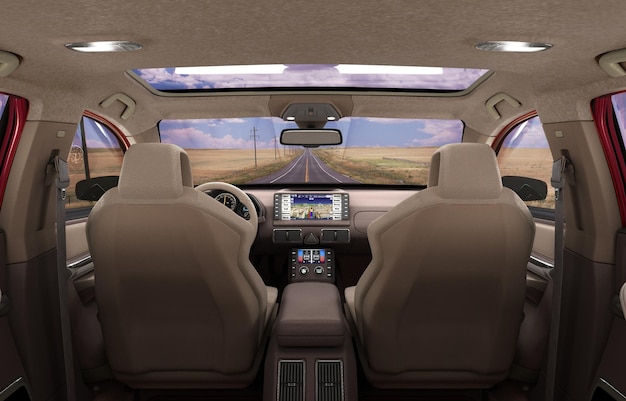 Photo front view dashboard of modern brand new car with road in the windows 3d render