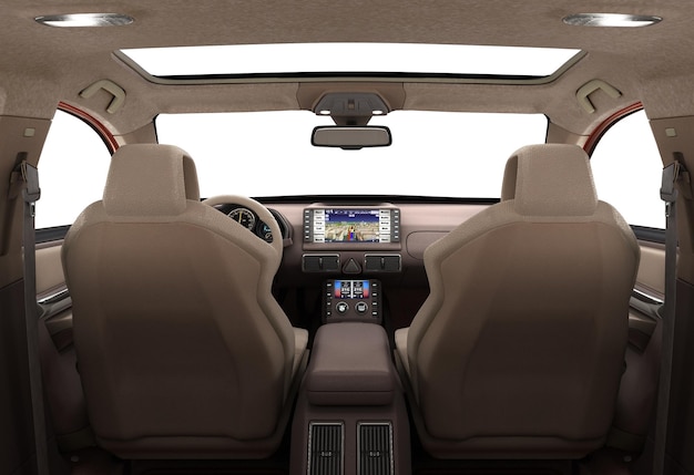 Front view dashboard of modern brand new car with windows 3d render