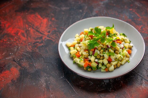 front view delicious bean salad inside plate on dark surface food meal bread dinner dish colour snack diet