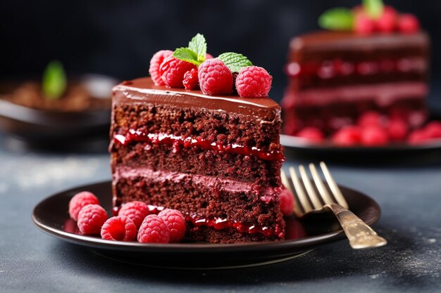 Front view of delicious cake slice with cream and fruits on the wooden desk with colorful candies