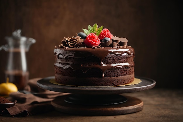 Front view of delicious chocolate cake on stand with copy space