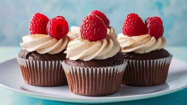 Front view of delicious chocolate cupcakes with raspberry