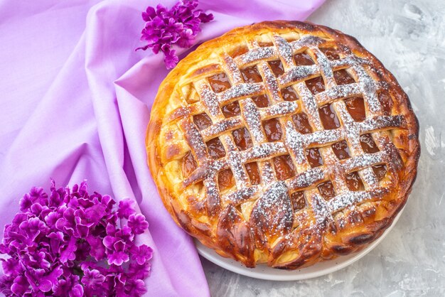 front view delicious jelly pie on white background flower purple cake biscuit dough sweet dessert sugar