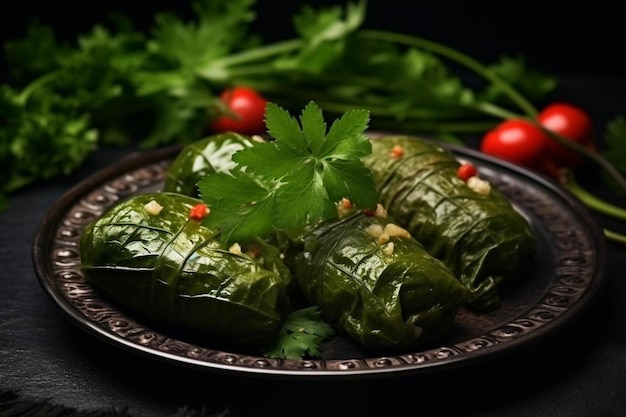 Front view delicious leaf dolma with seasonings and tomatoes on dark space