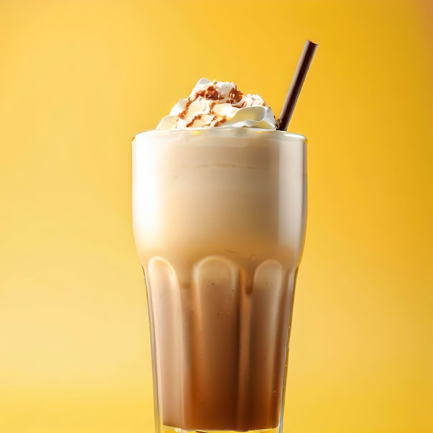 Front view of delicious milkshake with yellow background