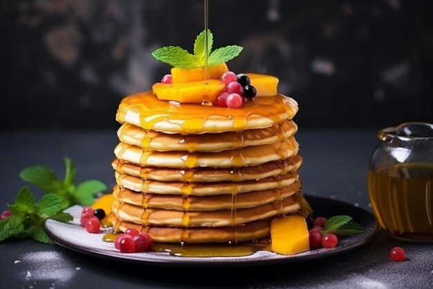 Front view delicious pancakes with fruits and berries on a dark surface dessert fruit cake