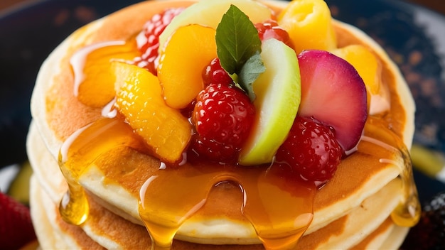 Front view delicious pancakes with honey and fruits on a light surface cake sweet fruit