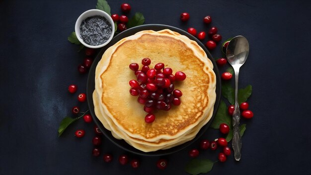 A front view delicious round pancakes yummy and round formed with cranberries pancake pastry cookin