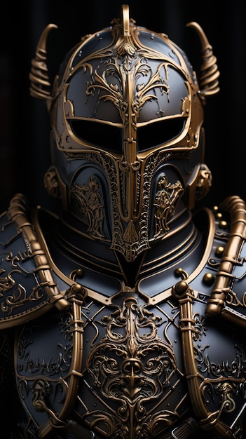 Photo front view of a detailed steampunk armor in black and gold