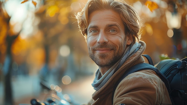 Front view of a determined office clerk having a great time cycling home from work in the city park wearing a business outfit Concept of transportation