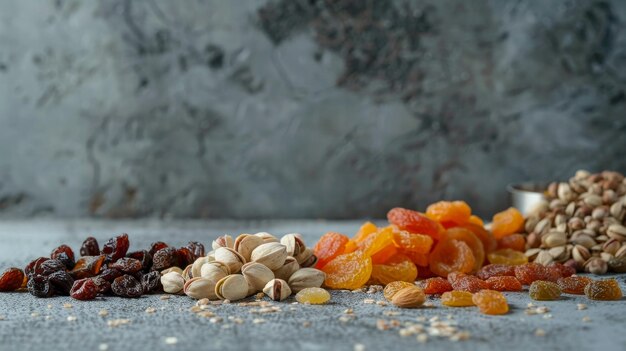 front view different dried fruits along with nuts all kind on the grey floor