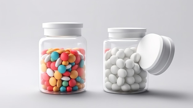 Вид спереди различные таблетки с пластиковой колбой на желто-голубом фоне Generative Ai