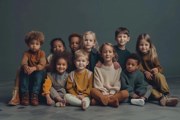 Foto front view een groep gelukkige kinderen zit