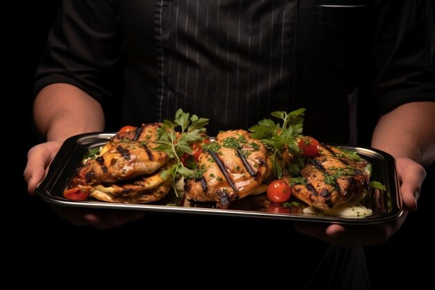 Foto front view een man houdt een dienblad met gegrilde kippen dijen op een pita met uien en kruiden