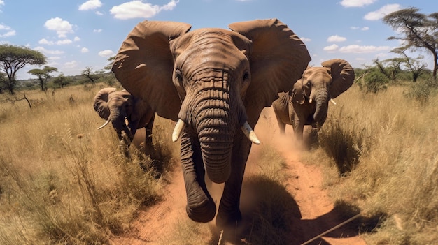 Front view of elephants running and playing in savanna wildlife