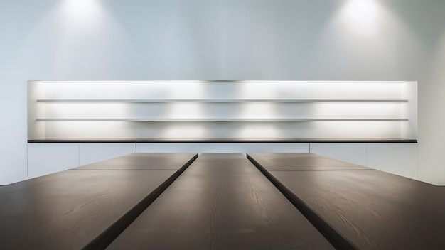 front view of empty shelf on white table and wall background with modern minimal concept