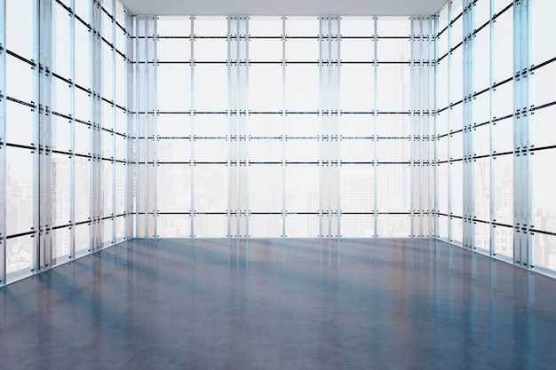 유리 투명 벽과 어두운 광택 콘크리트 바닥 3D 렌더링 모형에서 도시 전망을 제공하는 비즈니스 센터의 비어 있는 넓은 홀의 전면 전망