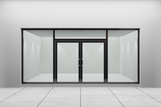 Front view of an empty storefront of shop. Design with black aluminuin and glass. 3D Illustration Rendering.