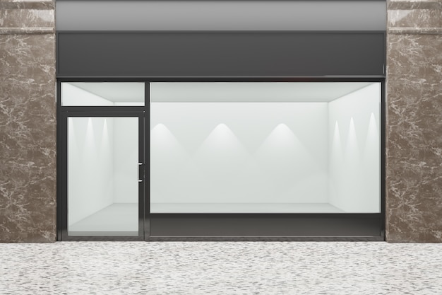 Photo front view of an empty storefront of shop. design with black aluminuin and glass marble. 3d illustration rendering.