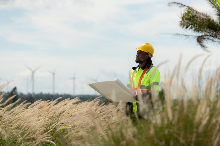 Front view of an engineer wearing a safety vest and a yellow helmet while standing in a field with wind turbines in the background