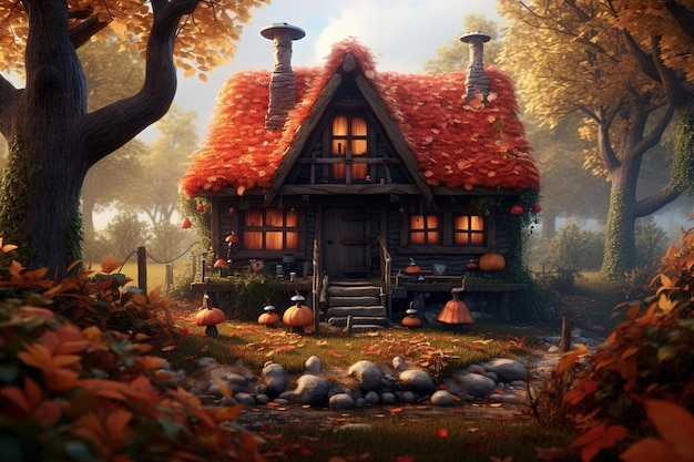 Front view exterior of fairy house in autumn forest illustration