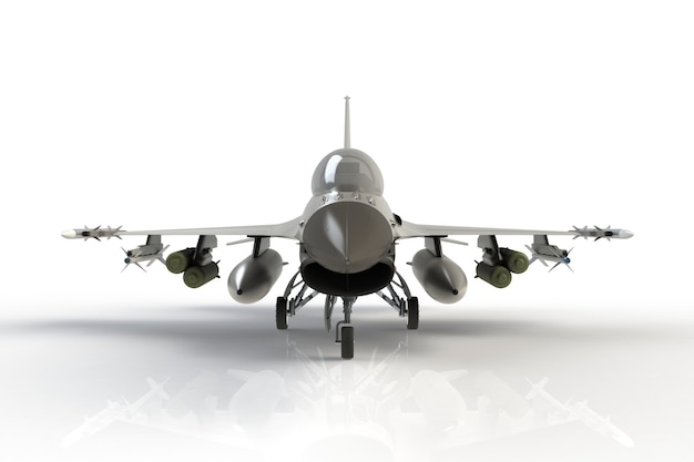 Front view of F16, american military fighter plane on white background, 3D rendering