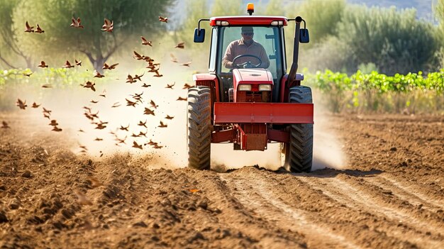 Foto vista frontale di un contadino su un trattore rosso che ara il terreno polveroso e arido l'auto della fattoria è seguita da uccelli affamati agroalimentare in primavera